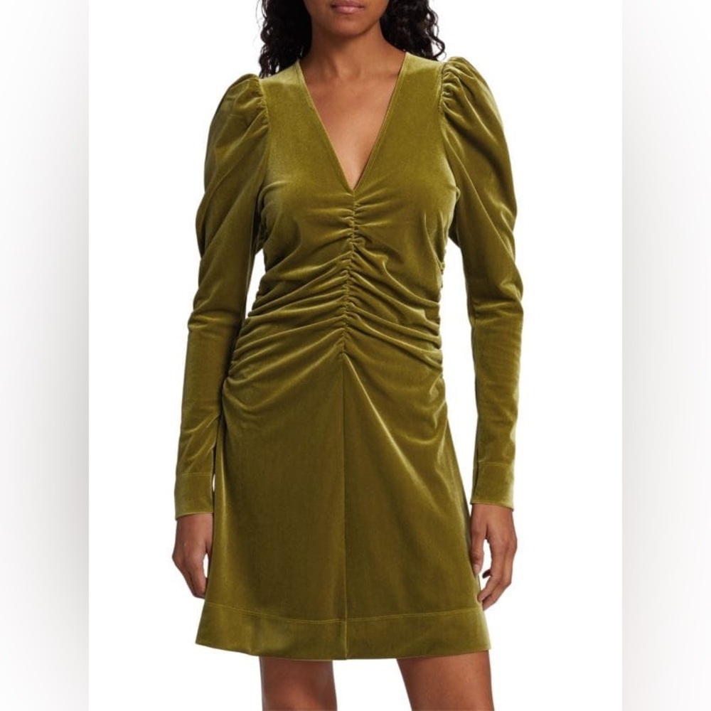 Ganni Velvet Gathered Mini Dress in avocado